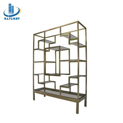 Liviving room furniture shining gold color etegere book steel shelf